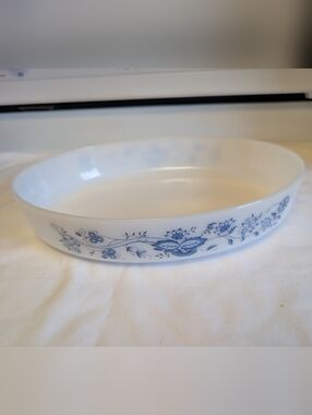 White Oval Baking Dish with Blue Onion Floral Pattern